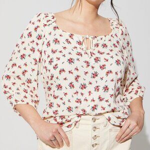 Torrid 4 4X Washable Gauze Keyhole Peasant Puff Sleeve Top Rose Floral Blouse